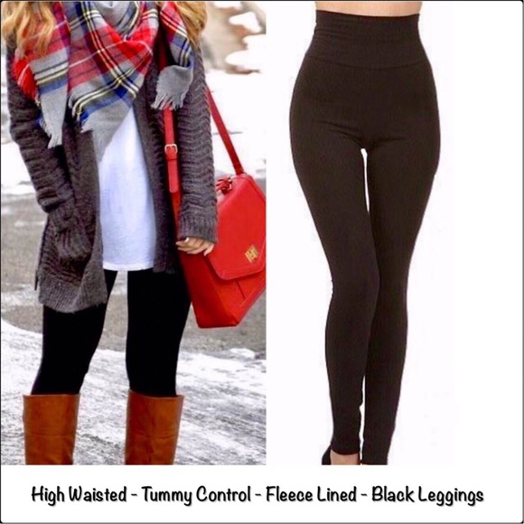 Tummy Control Blk Fleece Leggings OS - Picture 2 of 2